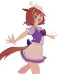  1girl ahoge animal_ears bow bowtie brown_hair commentary cropped_legs green_eyes horse_ears horse_girl horse_tail looking_at_viewer michia_(bourgognepony) multicolored_hair open_mouth outstretched_arms puffy_short_sleeves puffy_sleeves purple_shirt rhein_kraft_(umamusume) sailor_collar school_uniform shirt short_hair short_sleeves simple_background skirt smile solo spread_arms streaked_hair tail tail_through_clothes tracen_school_uniform umamusume white_background white_skirt 