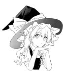  1girl bow braid closed_mouth commentary_request greyscale hair_bow hat hat_bow highres kirisame_marisa long_hair looking_at_viewer monochrome natsume_(menthol) puffy_short_sleeves puffy_sleeves short_sleeves side_braid single_braid solo touhou twitter_username upper_body vest watermark witch_hat 