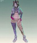 2026 5_fingers abs alex-dep-998 android anthro artist_name bangs black_hair bodysuit boots breasts bungie camel_toe canid canine canis clothed clothing concept_art cropped_jacket cybernetic_limb cybernetics cyberpunk cyborg detailed digital_drawing_(artwork) digital_media_(artwork) digitigrade english_text facial_piercing female fingerless_gloves fingers footwear front_view full-length_portrait futuristic_clothing gloves gradient_background green_background hair hair_bun hands_on_hips handwear hi_res jacket looking_at_viewer machine mammal marathon_(series) mechanical_arm mechanical_leg midriff mixed_media model_sheet muscular muscular_anthro muscular_female neon nose_piercing nose_ring open_clothing open_jacket open_topwear piercing portrait prosthetic prosthetic_limb purple_clothing purple_gloves purple_handwear rim_lighting ring_piercing robot robot_arm robot_leg robotics science_fiction shaded shoes simple_background skinsuit small_breasts solo standing text thick_thighs thief_(marathon) tight_clothing topwear transhumanism wide_hips wolf