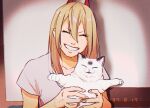  1girl 1other animal cat chainsaw_man closed_eyes drgryu750 eyebrows_visible_through_hair holding holding_animal holding_cat horns image long_hair power_(chainsaw_man) red_horns sharp_teeth short_sleeves smile solo teeth white_cat 