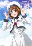  1girl 2025 arm_up artist_name blue_eyes blue_sky bob_cut bow brown_hair cloud commentary_request cowboy_shot cropped_jacket dated dress hair_between_eyes hair_ornament hair_tie hat hat_bow highres jacket long_sleeves looking_at_viewer lyrical_nanoha mahou_shoujo_lyrical_nanoha mahou_shoujo_lyrical_nanoha_a's neck_ribbon open_hands open_mouth outdoors puchikun red_ribbon ribbon sailor_collar sailor_hat school_uniform seishou_elementary_school_uniform short_hair sky smile solo triangle_mouth upper_body watermark white_dress white_hat white_jacket white_sailor_collar wispy_bangs x_hair_ornament yagami_hayate 