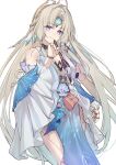  1girl android blonde_hair closed_mouth cowboy_shot cuckoo_ki detached_sleeves dress fins hair_intakes head_fins highres holding holding_paintbrush honkai:_star_rail honkai_(series) long_hair looking_at_viewer paintbrush parted_bangs pearl_(honkai:_star_rail) pelvic_curtain purple_eyes sidelocks simple_background smile solo very_long_hair white_background white_dress white_sleeves 