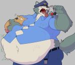 2026 abdominal_bulge anthro beastars belly belt big_belly blush brown_body brown_fur canid canine canis chokehold clothed clothing fangs fully_clothed fur grey_body grey_fur group hat headgear headlock headwear hi_res hidi huge_belly imminent_oral_vore imminent_vore legoshi_(beastars) lifted lifted_by_tail male mammal moobs motion_lines mouse murid murine musclegut muscular navel nervous open_belt open_mouth outie_navel overweight police police_officer rodent sharp_teeth simple_background size_difference smile soft_vore standing tail teeth tongue trio uvula vore white_body white_fur willing_prey wolf