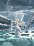  1girl 3d_background absurdres airfish_(lefko_d) arms_up bare_arms blonde_hair blue_eyes blunt_bangs blunt_ends commentary day dress elevated_highway english_commentary floating_hair highres highway light_rays long_dress long_hair looking_at_viewer original outdoors overcast own_hands_clasped own_hands_together parted_lips power_lines scenery science_fiction sky solo spacecraft standing sunbeam sunlight tetrapod water white_dress wide_shot 