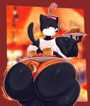 alcohol anthro beer beverage big_breasts big_butt black_body bottomwear breasts bubble_butt burger butt chicken_wings clothing disney domestic_cat felid feline felis female food hat headgear headwear hi_res hooters hooters_uniform huge_breasts huge_butt mammal ortensia rabbit5gamer shirt shorts solo tail thick_thighs topwear