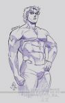  1boy abs cowboy_shot hand_on_own_hip jojo_no_kimyou_na_bouken jonathan_joestar lips looking_at_viewer male_focus muscular muscular_male pectorals phantom_blood short_hair simple_background sketch solo tmblyeet topless_male 