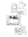 2024 :3 alpaca anthro black_and_white bodily_fluids breasts camelid canid canine canis clothing comic domestic_dog emanata fake_horns flash_emanata floppy_ears flying_sweatdrops gaydottiff group hair hat headgear headwear hi_res jewelry logo looking_at_another mammal martha_(gaydottiff) monochrome neck_tuft necklace open_mouth pointy_ears prick_ears shirt simple_background snout sweat sweatdrop t-shirt tomboy topwear tuft white_background