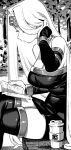  1girl adjusting_hair armlet bare_shoulders blindfold blindfold_lift book bracelet breasts cleavage cup detached_sleeves disposable_coffee_cup disposable_cup dress fate/stay_night fate_(series) highres holding holding_book ireading jewelry large_breasts long_hair medusa_(fate) medusa_(fate/stay_night) medusa_(rider)_(fate) monochrome reading sitting strapless thighhighs thighs very_long_hair zettai_ryouiki 