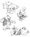 2000 absurd_res anthro apron bear bear_(don't_eat_the_neighbours) bottomwear chef_hat clothed clothing concept_art don't_eat_the_neighbours eyewear footwear glasses hat headgear headwear hi_res jacket jake_lunt_davies jewelry male mammal monochrome multiple_poses necklace pants plant pose sandals scissors shoes sketch_page smile solo topwear traditional_media_(artwork) tree vest