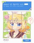  1girl ? animal-themed_food beamed_eighth_notes blonde_hair blue_eyes blush_stickers bow captcha eighth_note food hair_bow highres kagamine_rin looking_at_viewer macaron musical_note musical_note_print rainbow ruibasil seal_(animal) speech_bubble spoken_question_mark treble_clef twitter_username upper_body vocaloid 