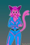 2:3 anthro belt big_breasts blue_clothing breasts cleavage clothed clothing curvy_figure eeveelution espeon eyeliner female forehead_gem forked_tail fur gem generation_2_pokemon hair hi_res inquisitive jumpsuit lexi_cortez lipstick makeup name_tag nintendo pink_body pink_clothing pink_fur pink_hair pokemon pokemon_(species) purple_eyes scoutthecat02 solo tail unusual_anatomy unusual_tail wide_hips