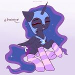 1:1 1_horn absurd_res blue_hair clothed clothed_feral clothing crescent_moon_(marking) cutie_mark dialogue digital_drawing_(artwork) digital_media_(artwork) english_text equid equine eyelashes eyes_closed eyeshadow feathered_wings feathers female female_feral feral flat_colors footwear friendship_is_magic hair hasbro hi_res highlights_(coloring) horn legwear makeup mammal markings monotone_background moon_(marking) mostly_nude my_little_pony mythological_creature mythological_equine mythology nightmare_moon_(mlp) nnalyart open_mouth open_smile paintstorm_(artwork) pattern_clothing pattern_footwear pattern_legwear pattern_socks purple_background purple_body purple_clothing purple_eyeshadow purple_footwear purple_highlights purple_horn purple_socks purple_wings quadruped simple_background smile socks solo sparkles sparkling_hair spiral_horn striped_clothing striped_footwear striped_socks stripes teeth text winged_unicorn wings