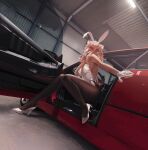  1girl :p absurdres alternate_costume animal_ear_fluff animal_ears arknights bare_shoulders black_pantyhose breasts car commentary english_commentary fake_animal_ears forza_horizon_6 full_body game_screenshot_background gandy_(gan3e46) gloves gravel_(arknights) hand_up high_heels highres indoors large_breasts leotard long_hair looking_at_viewer motor_vehicle one_eye_closed pantyhose pink_hair playboy_bunny rabbit_ears red_car screenshot_background shoes sitting sleeveless solo strapless strapless_leotard tail tongue tongue_out white_gloves white_leotard white_shoes 