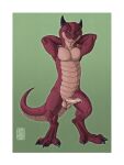 2026 3:4 3_toes absurd_res balls bodily_fluids border colored fangs feet flexing flexing_bicep flexing_both_biceps foreskin garo_(artist) genital_fluids genitals hi_res horn humanoid_genitalia kobold line_art looking_down male pecs penis precum red_body scalie shaded signature simple_background smile solo standing tail teeth toes white_border
