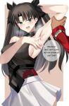  1girl absurdres archer_(fate) archer_(honkai:_star_rail)_(fate) black_hair black_shirt blue_eyes breasts coat commentary dark-skinned_male dark_skin english_commentary english_text fate/stay_night fate_(series) hair_ornament highres honkai:_star_rail honkai_(series) large_breasts long_hair red_coat rey_r31_44 rin's_pendant_(fate) shirt sideboob skirt sleeveless thighhighs tohsaka_rin tohsaka_rin_(honkai:_star_rail) twintails white_skirt 
