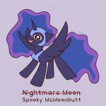 1:1 1_horn absurd_res blue_hair blue_tail digital_drawing_(artwork) digital_media_(artwork) english_text equid equine feathered_wings feathers female female_feral feral flat_colors flying friendship_is_magic hair happy hasbro hi_res highlights_(coloring) horn krita_(artwork) mammal monotone_background my_little_pony mythological_creature mythological_equine mythology nightmare_moon_(mlp) nnalyart open_mouth open_smile paintstorm_(artwork) purple_background purple_body purple_highlights purple_horn purple_wings quadruped simple_background smile solo sparkles sparkling_eyes spread_wings tail text three-quarter_view winged_unicorn wings