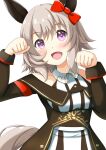  1girl absurdres animal_ears bare_shoulders blush bow breasts coat commentary_request curren_chan_(fille_eclair)_(umamusume) curren_chan_(umamusume) dress ear_bow ear_covers grey_hair highres horse_ears horse_girl horse_tail long_sleeves looking_at_viewer medium_breasts off-shoulder_coat off-shoulder_dress off-shoulder_jacket off_shoulder open_mouth purple_eyes red_bow ryo_atirakotira short_hair simple_background smile solo striped_clothes striped_dress tail umamusume vertical-striped_clothes vertical-striped_dress white_background 