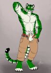 2022 absurd_res animal_genitalia anthro athletic athletic_anthro athletic_male balls barefoot bottomwear brown_bottomwear brown_clothing brown_pants clothed clothing dated facial_markings feet felid front_view fur genitals glistening glistening_eyes green_body green_fur hand_behind_head head_markings hi_res hufnaar looking_at_viewer male male_anthro mammal markings pantherine pants penis penis_tip pink_penis plasdurock presenting presenting_balls presenting_penis sheath simple_background smile solo standing striped_arms striped_body striped_face striped_fur striped_markings striped_tail stripes tail tail_markings tiger topless whiskers white_balls white_body white_fur white_sheath yellow_eyes