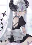  1girl absurdres ahoge alternate_costume apron back back_bow backless_dress backless_outfit bandage_on_elbow bandaid bandaid_on_leg bare_back black_dress black_horns blush bow braid braided_bangs choker commentary_request demon_girl demon_horns double-parted_bangs dress enmaided fang fang_out frilled_choker frills grey_hair hair_between_eyes highres hololive horns la+_darknesss large_bow long_hair long_pointy_ears looking_at_viewer maid maid_apron maid_headdress median_furrow multicolored_hair nemuta_muu pointy_ears puffy_short_sleeves puffy_sleeves purple_streaks raised_eyebrows short_dress short_sleeves sidelocks single_hair_streak sleeve_cuffs solo streaked_hair striped_horns tail twintails very_long_hair virtual_youtuber white_apron white_choker yellow_eyes 
