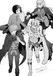  1girl 3boys armor bag bandage_over_one_eye boots breasts cape clenched_hand cloak commentary_request copyright_name f_ngkun fate/grand_order fate_(series) florence_nightingale_(fate) florence_nightingale_(third_ascension)_(fate) full_body fur-trimmed_cape fur_trim greyscale gun handgun high_collar highres jacket jacket_on_shoulders lapels large_breasts long_hair long_sleeves looking_at_another monochrome multiple_boys necktie notched_lapels open_mouth outstretched_arm parted_lips richard_i_(fate) robin_hood_(fate) sash short_hair shoulder_bag side_cape sweatdrop sweater_vest talking trait_connection waver_velvet weapon wingtip_collar 