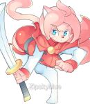 animal_humanoid blue_eyes cat_humanoid felid felid_humanoid feline feline_humanoid female fur hi_res humanoid mammal mammal_humanoid melee_weapon meredith_(zipskyblue) pink_body pink_fur solo sword weapon zipskyblue