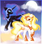 1_horn absurd_res black_body black_horn black_sclera black_wings blonde_hair blue_eyes blue_hair blue_sclera cloud cutie_mark daybreaker_(mlp) digital_drawing_(artwork) digital_media_(artwork) duo equid equine eyelashes feathered_wings feathers female female_feral feral flat_colors friendship_is_magic hair hasbro hi_res highlights_(coloring) hooves horn mammal markings moon mouthless my_little_pony mythological_creature mythological_equine mythology nightmare_moon_(mlp) nnalyart orange_eyes orange_hooves paintstorm_(artwork) purple_highlights purple_hooves quadruped sky sparkles sparkling_hair sun sun_(marking) tail white_body white_horn white_wings winged_unicorn wings yellow_tail