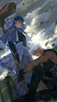  2boys archer_(fate) armor black_gloves black_shirt black_shoes blue_capelet blue_hair blue_sky breastplate capelet closed_eyes collar commentary_request cu_chulainn_(caster)_(fate) cu_chulainn_(fate) dark-skinned_male dark_skin earrings elbow_gloves facial_mark fate/grand_order fate_(series) fingerless_gloves full_body fur_hood gloves grass highres holding holding_weapon hood jewelry leaf long_hair looking_at_viewer loose_hair_strand male_focus multiple_boys muscular muscular_male open_mouth red_eyes robe scarf shirt shoes sitting sky smile spiked_hair standing weapon white_hair y1n 