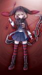  1girl artist_request belt black_belt black_boots black_jacket blonde_hair blue_skirt boots chaos_red_riding_hood_(gakuen)_(grimms_notes) chaos_red_riding_hood_(grimms_notes) closed_mouth game_asset grimms_notes grimms_notes_gakuen hand_up hood hood_up hooded_jacket jacket long_sleeves looking_at_viewer medium_hair non-web_source official_art open_clothes open_jacket parody pleated_skirt puffy_long_sleeves puffy_sleeves red_background red_eyes shirt skirt solo standing striped_clothes striped_thighhighs style_parody thighhighs v-shaped_eyebrows white_shirt 