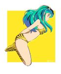  1girl animal_print aqua_hair arms_behind_back bare_arms border bra closed_mouth floating_hair from_side full_body highres horns kneehighs long_hair lum outside_border panties pinoko_(pnk623) print_bra print_legwear profile shiny shiny_hair sketch solo straight_hair tiger_panties tiger_print twitter_username underwear underwear_only urusei_yatsura white_border yellow_background yellow_bra yellow_eyes yellow_legwear yellow_panties 