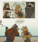 anthro back_muscles barazoku belt big_muscles black_eye_patch black_eyewear blowing_smoke blowing_smoke_on_another blowing_smoke_on_partner border canid canine canis cigarette cigarette_in_hand cigarette_in_mouth cigarette_smoke clothing comic crossed_arms dialogue dilukha duo english_text eye_patch eyewear flirting flirting_look fox fox_mccloud fur grey_body grey_fur hi_res holding_cigarette holding_object jacket laugh leaning leaning_backward leaning_forward leaning_on_railing male male/male mammal manly mercenary muscular muscular_anthro muscular_arms muscular_male nintendo object_in_mouth orange_body orange_fur outside shirt shoulder_pads smoke smoke_from_mouth smoking smoking_cigarette speech_bubble spiked_shoulder_pads spikes star_fox tail taunting taunting_partner teasing teasing_partner text thick_arms topwear tough_guy white_body white_border white_fur wolf wolf_o'donnell