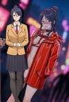  1boy 1girl ahoge aroused before_and_after black_eyes black_hair black_pantyhose black_skirt blazer blush breasts collar collared_shirt commentary_request egg_vibrator exhibitionism hands_only high_ponytail highres holding holding_leash humiliation implied_masturbation jacket kudou_kuon large_breasts leash light_smile loafers long_sidelocks looking_at_viewer necktie neon_lights nervous open_mouth original outdoors own_hands_together pantyhose pleated_skirt ponytail pubic_hair public_indecency public_nudity red_collar red_necktie road saliva school_uniform sex_toy shibari shirt shoes sidelocks silhouette skirt street sweat swept_bangs thighs vibrator vibrator_cord white_shirt yellow_blazer 