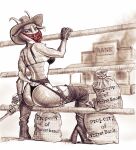 absurd_res anthro bovid butt caprine clothing country cowboy_hat cowboy_outfit cowgirl_outfit criminal ear_piercing ear_ring english_text female francisthefurry gloves goat green_eyes gun handgun handwear hat headgear headwear hi_res horn lingerie looking_at_viewer looking_back mammal mostly_nude old_west outlaw piercing platform_footwear pose posing_for_the_viewer raised_tail ranged_weapon rear_view revolver ring_piercing robbery solo tail text thong underwear weapon western