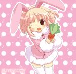  1girl 2000s_(style) animal_ears bananafryapple blonde_hair blush carrot coat commentary cowboy_shot english_commentary fake_animal_ears faux_retro_artstyle fur-trimmed_coat fur_trim highres holding holding_carrot musical_note one_eye_closed open_mouth original pink_coat polka_dot polka_dot_background rabbit_ears short_hair solo thighhighs white_thighhighs 
