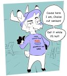 2026 anthro antlers baseball_cap chair clothing deer dialogue english_text furgonomic_headwear furgonomics furniture hat headgear headwear hi_res hooves horn male mammal mardymuntjak shirt solo speech_bubble standing text text_on_clothing text_on_shirt text_on_topwear topwear white_body