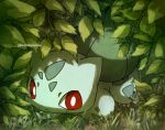  bright_pupils bulbasaur commentary_request grass kotobukkii_(yt_lvlv) leaf no_humans pokemon pokemon_(creature) pokemon_focus red_eyes shadow solo twitter_username watermark white_pupils 