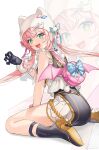  1girl :d animal_hat ass blush cat_hat claw_pose commentary fangs from_behind gloves green_eyes hat high_heels highres nijisanji nijisanji_idol_uniform nijisanji_kr pineapple_(a30930s) pink_hair single_claw_pose sitting smile solo untranslatable_commentary virtual_youtuber wariza yang_nari zoom_layer 