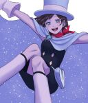  1girl :d ace_attorney arms_up blue_eyes brown_hair cape dress hat highres renshu_usodayo short_hair sky smile solo star_(sky) starry_sky trucy_wright 