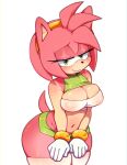 1girl absurdres amy_rose breasts cleavage covered_nipples eyelashes furry furry_female gloves gold_bracelet gold_hairband green_eyes hands_on_own_thighs highres ichig8miruku leaning_forward microskirt navel pink_fur pink_hair skirt smile solo sonic_(series) stomach tail thick_thighs thighhighs thighs white_gloves wide_hips 