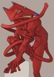 absurd_res anthro cartoon_network colored_nails courage_the_cowardly_dog domestic_cat felid feline felis flaccid genitals green_teeth hi_res katz_(courage_the_cowardly_dog) leaning long_body long_feet long_legs long_muzzle long_tail male mammal nails narrowed_eyes nude penis pointy_nose purple_nails purple_nose purple_stripes raised_leg ravuer red_body red_skin self_hug simple_background skinny_male smile solo stripes tail teeth yellow_eyes