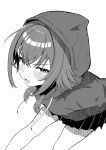  1girl :o absurdres bare_legs blush commentary_request feet_out_of_frame furutami_akira gakuen_idolmaster greyscale hand_in_pocket highres hood hood_up hoodie idolmaster leaning_forward looking_at_viewer miniskirt monochrome pleated_skirt simple_background skirt solo tsukimura_temari v-shaped_eyebrows white_background 