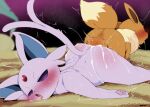 2026 ambiguous_gender anus ass_to_ass backsack balls blurred_background blush bodily_fluids butt cum dagasi digital_media_(artwork) dipstick_tail duo_focus eevee eeveelution espeon feral fur generation_1_pokemon generation_2_pokemon generation_4_pokemon genital_fluids genitals group hi_res knotting leafeon lying male male/ambiguous mammal markings nintendo pawpads pokemon pokemon_(species) quadruped sweat tail tail_markings