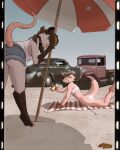 2_horns 4:5 5_fingers absurd_res all_fours american_opossum anthro bandeau_bikini beach beach_towel beach_umbrella beatty_amarosa_(posspowered) bent_over big_breasts bikini biped black_body black_ears black_eyebrows black_fur black_hair blue_bottomwear blue_clothing blue_eyes blue_pupils blue_shorts blue_sky bonnie_vale_(posspowered) bottomless bottomless_anthro bottomless_female bottomwear breast_size_difference breasts brown_pupils butt car clothed clothed_anthro clothed_female clothing day denim denim_bottomwear denim_clothing denim_shorts digital_media_(artwork) digitigrade duo eyebrows eyelashes facial_scar feet female female_anthro fingers fur furgonomic_bottomwear furgonomic_shorts furgonomics gesture glistening glistening_butt glistening_eyes glistening_horn grey_body grey_fur grey_horn hair hairless_tail head_turned hi_res horn kobold license_plate light light_truck lighting long_hair looking_at_viewer looking_back looking_back_at_viewer mammal marsupial mullet multicolored_body multicolored_fur multicolored_towel no_bra non-mammal_breasts open_mouth open_smile outside parasol pattern_towel pink_body pink_nose pink_scales pink_scar pink_tail pink_tongue posspowered pupils raised_tail red_towel reptile scales scalie scar shadow shirt shorts side_boob sky small_breasts smile smiling_at_viewer snout snout_scar striped_towel stripes sunscreen swimwear tail tank_top tapering_tail teeth thick_tail toes tongue topwear towel truck two-piece_swimsuit two_tone_body two_tone_fur two_tone_towel vehicle virginia_opossum waving waving_at_viewer white_bikini white_clothing white_shirt white_swimwear white_tank_top white_topwear white_towel yellow_eyes