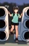  1girl aqua_shirt black_hair black_skirt commentary_request full_body grey_eyes grey_shoes height highres long_hair looking_at_viewer mini_person miniskirt original outdoors pink_socks revision rustle scrunchie shirt shoes skirt smile sneakers socks solo standing t-shirt traffic_light wrist_scrunchie 
