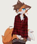 :3 absolute_territory anthro big_tail blue_eyes bottomless brown_body brown_fur canid canine clothed clothing ear_piercing femboy flannel flannel_shirt fluffy fluffy_tail fox fur heart_symbol hi_res legwear long_sleeve_shirt long_sleeves looking_at_viewer male mammal mochafox_(itsmochafox) orange_body orange_fur pattern_clothing pattern_legwear pattern_thigh_highs piercing red_clothing red_fox red_shirt red_topwear shirt simple_background solo standing striped_clothing striped_legwear striped_thigh_highs stripes tail thick_thighs thigh_highs topwear true_fox white_background white_body white_fur wypher