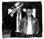  2boys arms_behind_back belt border collared_shirt commentary cowboy_hat creamyghost disco_elysium english_commentary facial_hair glasses greyscale hand_on_headwear harry_du_bois hat highres jacket kim_kitsuragi looking_at_viewer male_focus mature_male monochrome mullet multiple_boys mustache_stubble mutton_chops necktie one_eye_covered open_clothes open_jacket pants round_eyewear shirt short_hair smile stubble white_border 