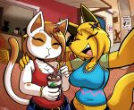 2026 absurd_res acai_berry anthro belt big_breasts black_belt black_body black_fur black_inner_ear blonde_hair blue_bottomwear blue_clothing blue_jeans blue_pants blue_shirt blue_topwear blush bottomwear breasts brown_body brown_fur brown_hair brown_spots canid canine carina_(felino) christie_(felino) cleavage clothed clothing denim denim_bottomwear denim_clothing dessert dipstick_tail domestic_cat duo_focus eyes_closed felid feline felino felis female food fox fur grey_clothing grey_shirt grey_topwear group hair hi_res hug ice_cream jeans mammal markings midriff no_parking_sign open_mouth outside pants red_clothing red_shirt red_tank_top red_topwear shirt sibling_(lore) sister_(lore) sisters_(lore) smile spots spotted_body spotted_fur tail tail_markings taking_picture taking_selfie tank_top topwear white_body white_fur yellow_body yellow_fur
