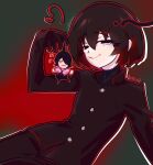  2boys ahoge androgynous araragi_koyomi azmcch black_eyes black_gloves black_hair black_jacket black_pants black_pantyhose black_shirt black_skirt blush bob_cut border closed_mouth collared_shirt colored_shadow commentary crossdressing crossdressing_(mtf) dress_shirt empty_eyes expressive_hair flying_sweatdrops gakuran gloves gradient_background grey_background hair_over_one_eye hand_up high_collar highres holding holding_mini_person jacket leaning_back looking_at_viewer male_focus mini_person miniboy monogatari_(series) multiple_boys narrowed_eyes naughty_face oshino_ougi pale_skin pants pantyhose pink_shirt pleated_skirt raised_eyebrows red_background red_border russian_commentary school_uniform shadow shirt short_hair skirt smile turtleneck undershirt v-shaped_eyes wavy_mouth white_eyes 