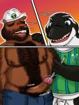 3:4 alternate_species anthro anthrofied aquatic armor aroused barazoku beard beaver belly_hair bodily_fluids body_hair buckteeth cetacean chest_hair circumcised clothing denim dolphin duo facial_hair furrification genital_fluids genitals glistening glistening_genitalia glistening_nipples glistening_penis goatee hard_hat headgear helmet hi_res jersey lowered_pants male male/male mammal mascot mls moan moobs musclegut muscular mustache nipples object_in_urethra oceanic_dolphin onikuma_(artist) onomatopoeia orca overweight overweight_male penetration penis portland_timbers precum pubes rodent sammy_the_sounder seattle_sounders shirt slightly_chubby slightly_chubby_male sound_effects sounding_rod teeth text timber_joey toothed_whale topwear urethral urethral_penetration