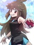  1girl black_shirt blue_shorts brown_eyes brown_hair commentary_request cowboy_shot eyelashes green_(pokemon) grin hair_flaps highres holding holding_poke_ball kotobukkii_(yt_lvlv) legs_apart long_hair looking_at_viewer poke_ball poke_ball_(basic) pokemon pokemon:_let's_go_pikachu!_and_let's_go_eevee! shirt shorts sidelocks sleeveless sleeveless_shirt smile solo teeth twitter_username watermark wristband 