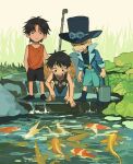  3boys :d ^_^ ^o^ black_hair blonde_hair brothers bucket child closed_eyes eyewear_on_headwear fish hat hat_removed headwear_removed highres industrial_pipe jacket koi male_focus monkey_d._luffy mulso multiple_boys one_piece plant portgas_d._ace sabo_(one_piece) siblings sleeveless sleeves_rolled_up smile 